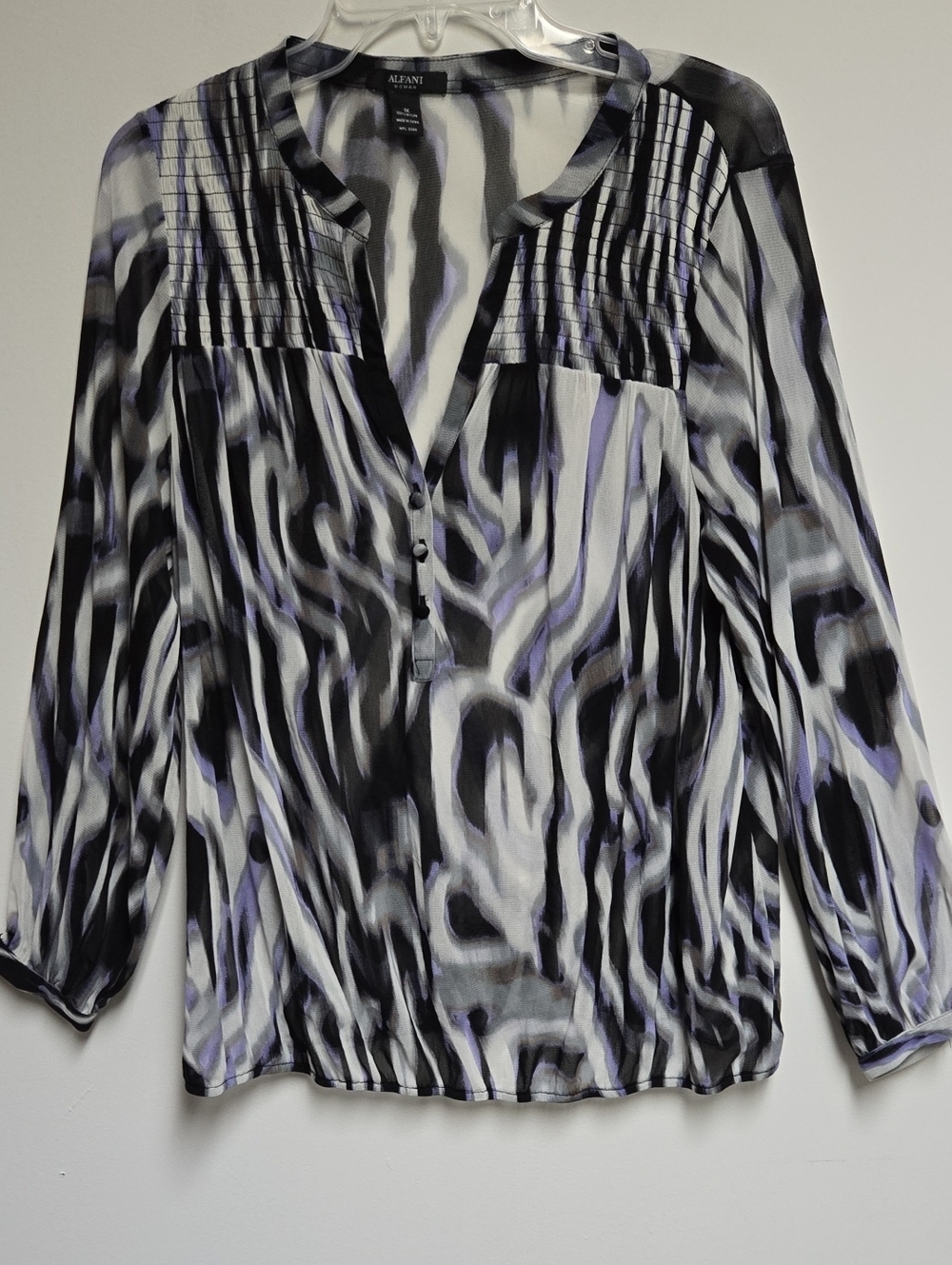 Alfani Black, Gray & Lavender Abstract Pleated Yoke Blouse